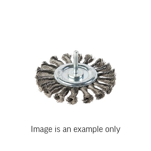 Wheel Brush Twist Knot 6mm Spindle Mount Stainless Steel 0.4mm Wire x 100mm Dia Carded